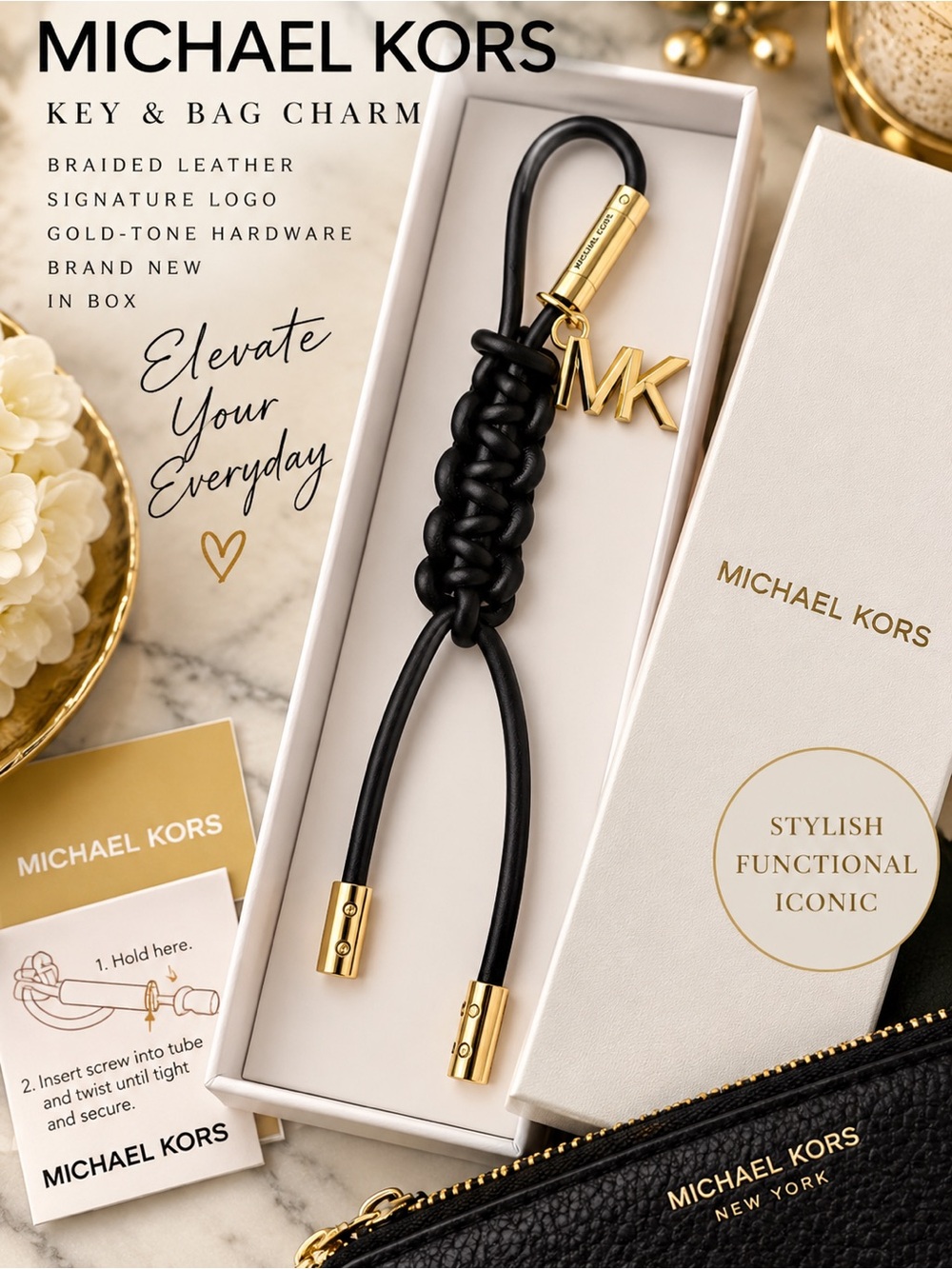 Michael Kors Black Braided Leather Key & Bag Charm with Gold MK Pendant
